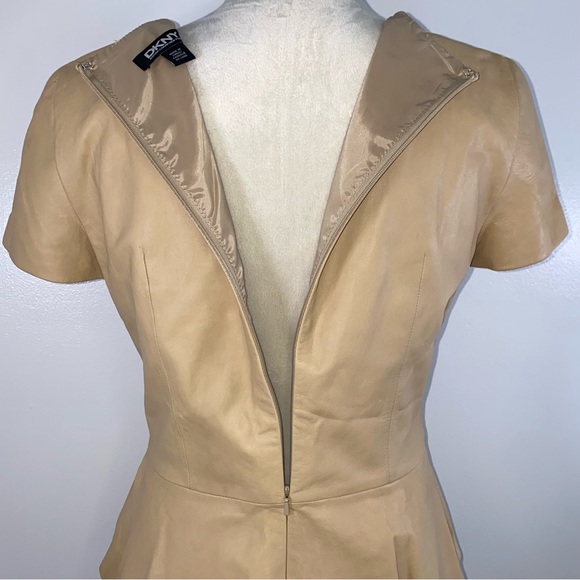 DKNY 100% lambs skin peplum short sleeve top size 6 tan - Picture 9 of 11